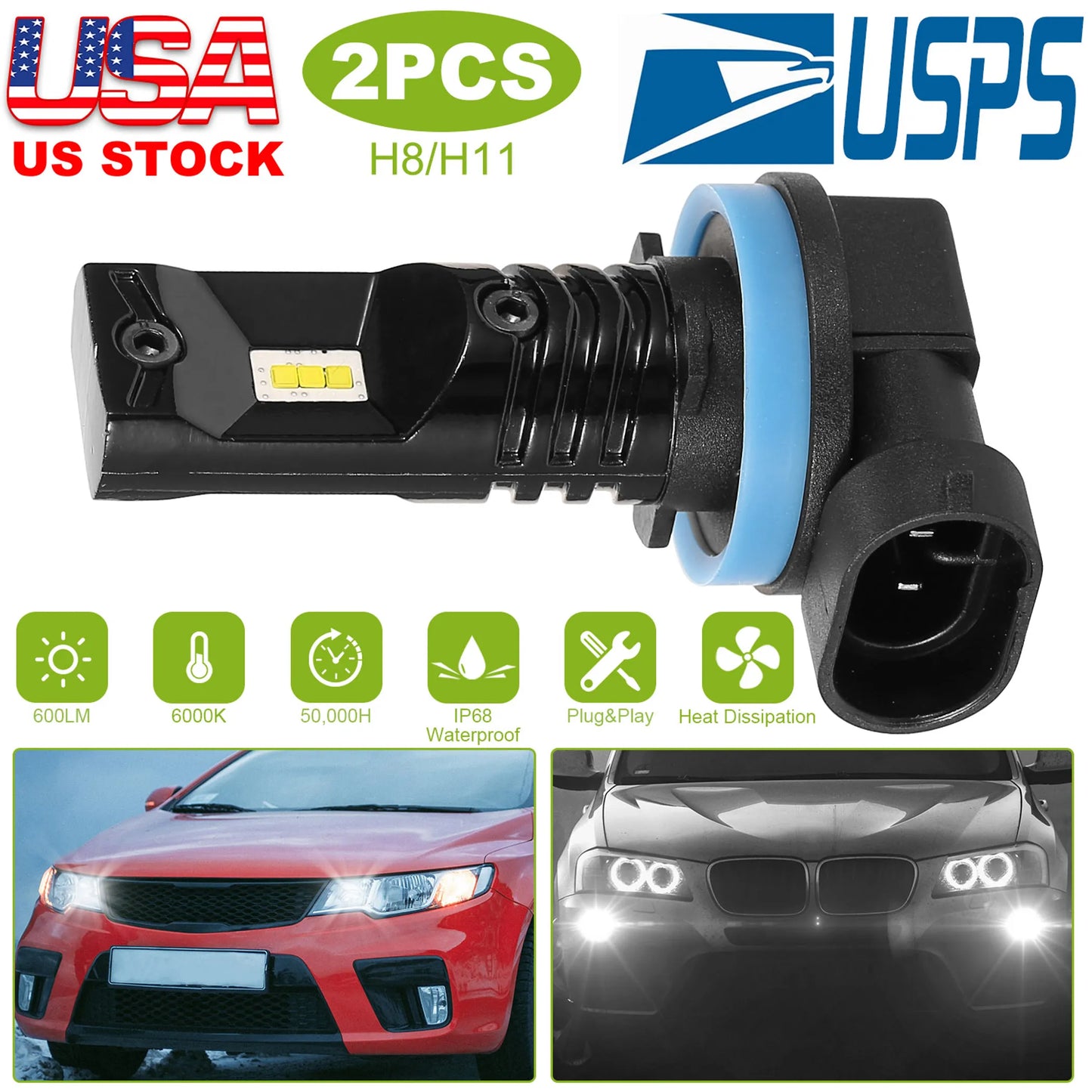 2PCS 600lm 80W H8/H9/H11 LED Fog DRL Light Bulb