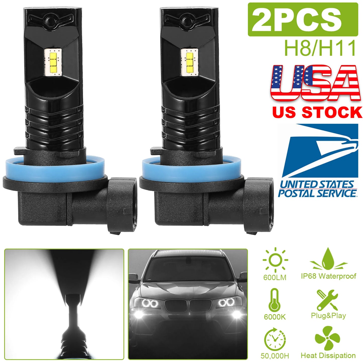 2PCS 600lm 80W H8/H9/H11 LED Fog DRL Light Bulb