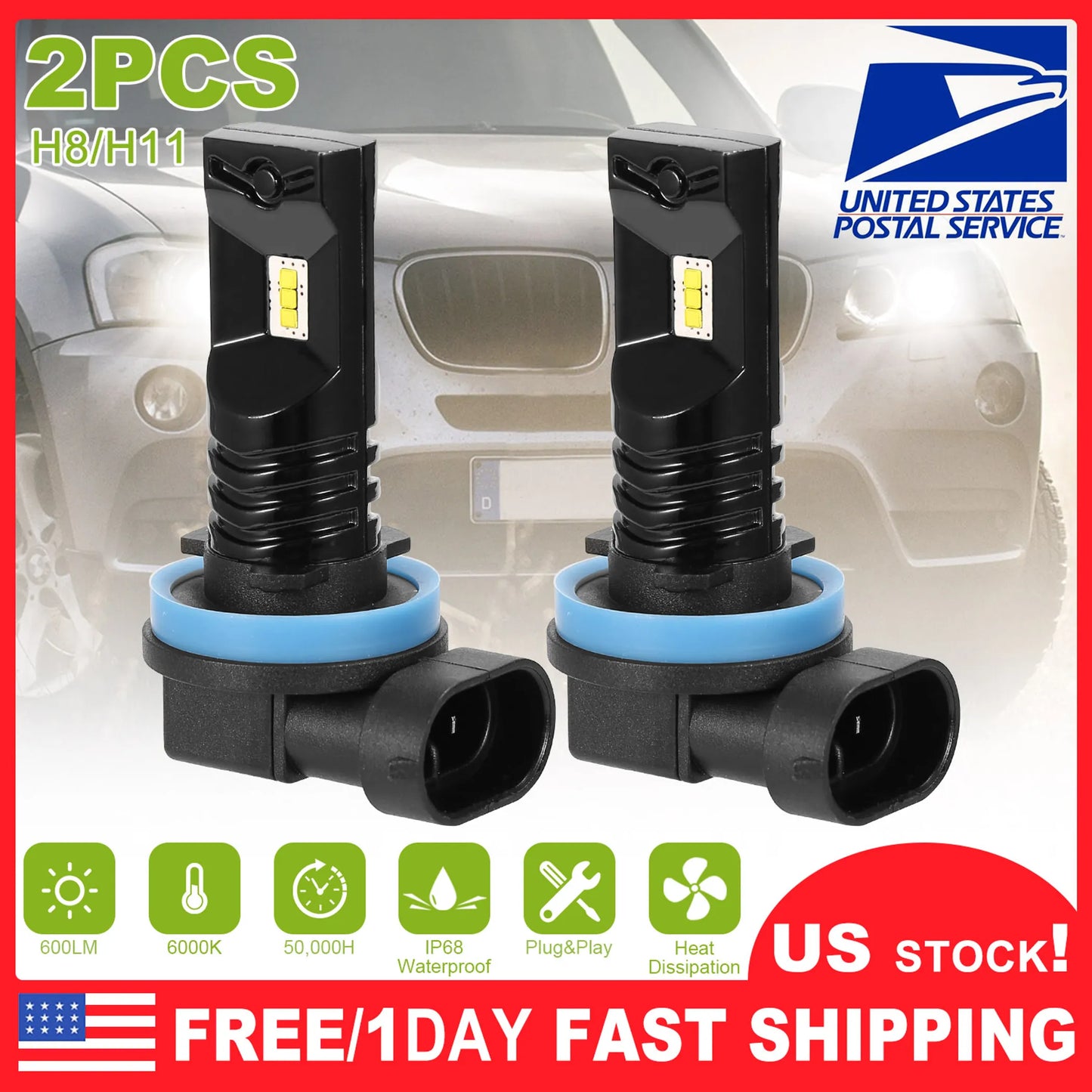 2PCS 600lm 80W H8/H9/H11 LED Fog DRL Light Bulb