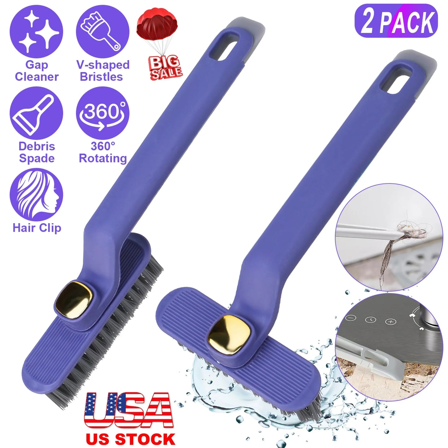 2 Pack Multi-Function Rotating Crevice Cleaning Brush