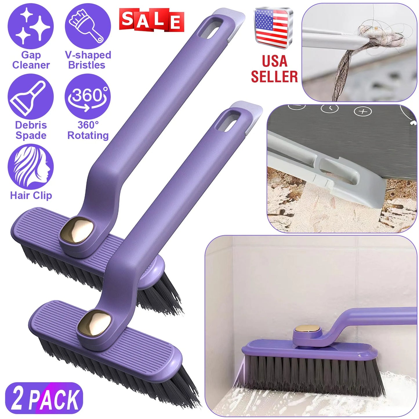 2 Pack Multi-Function Rotating Crevice Cleaning Brush