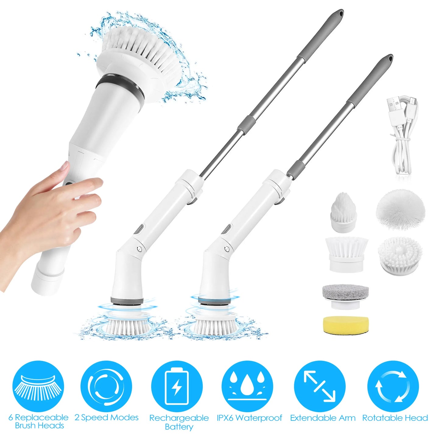 Electric Spin Scrubber Cordless Rechargeable Telescopic Cleaning Brush