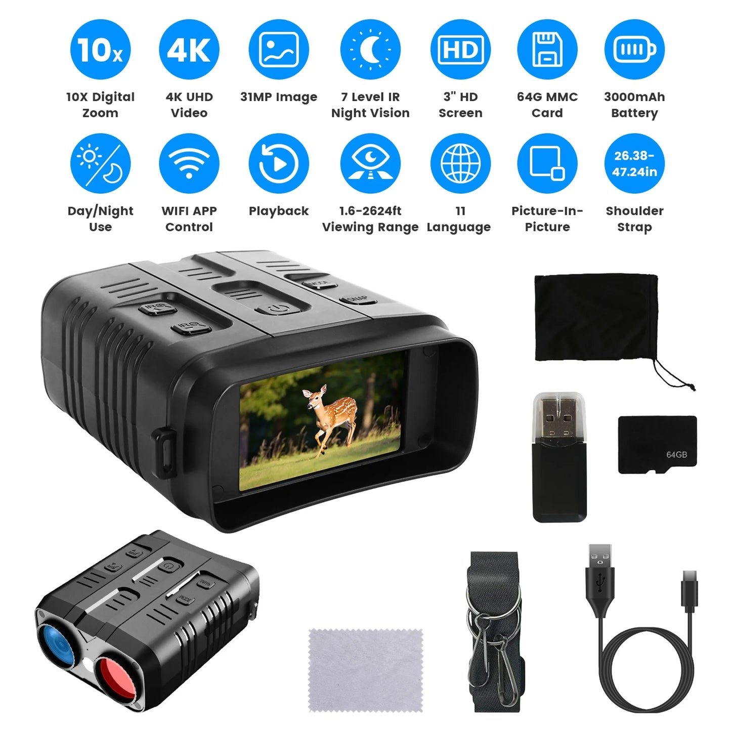 Night Vision Goggles 4K Full-Color Binoculars 10X Zoom