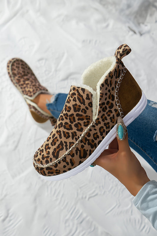 Women's Leopard Print Fur Lined Snow Boots Winter Fashion Flats