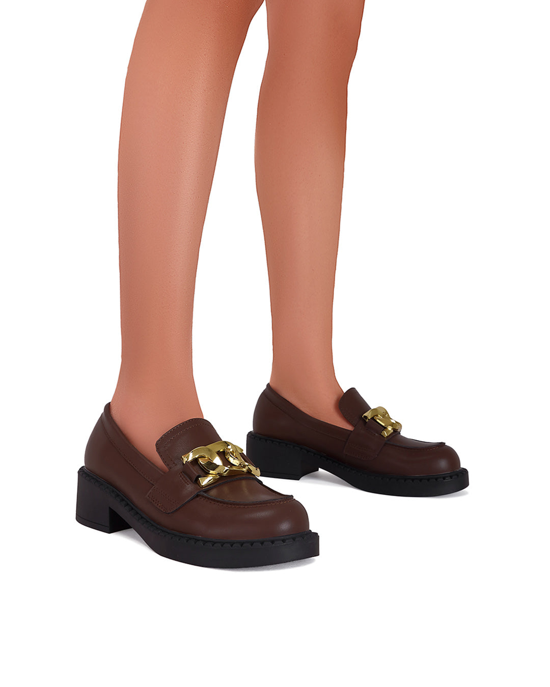 Evelyn Mid Heel Round Toe Gold Buckle Loafer-1