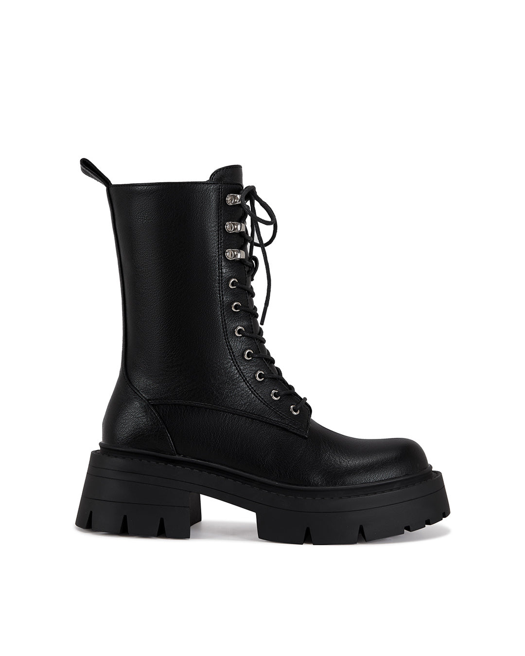 Black Lace-up Combat Boot with Chunky Sole and Non-Slip Outsole-0