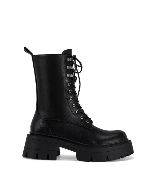 Black Lace-up Combat Boot with Chunky Sole and Non-Slip Outsole-0