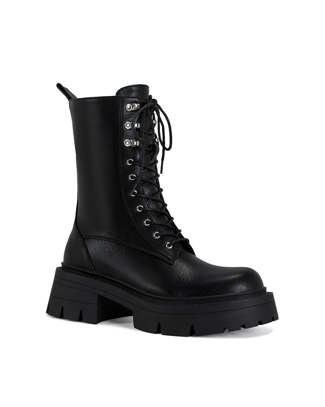 Black Lace-up Combat Boot with Chunky Sole and Non-Slip Outsole-2