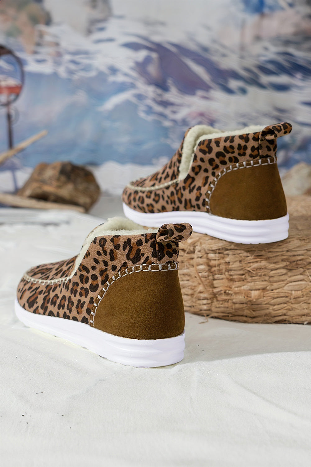 Women's Leopard Print Fur Lined Snow Boots Winter Fashion Flats