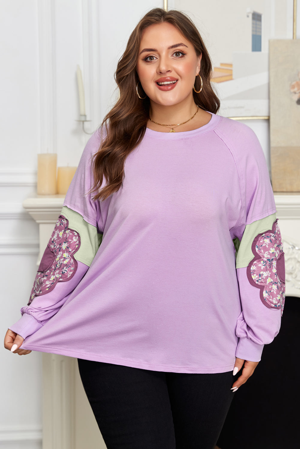 Phalaenopsis Colorblock Floral Patchplus Size Pullover Top-4