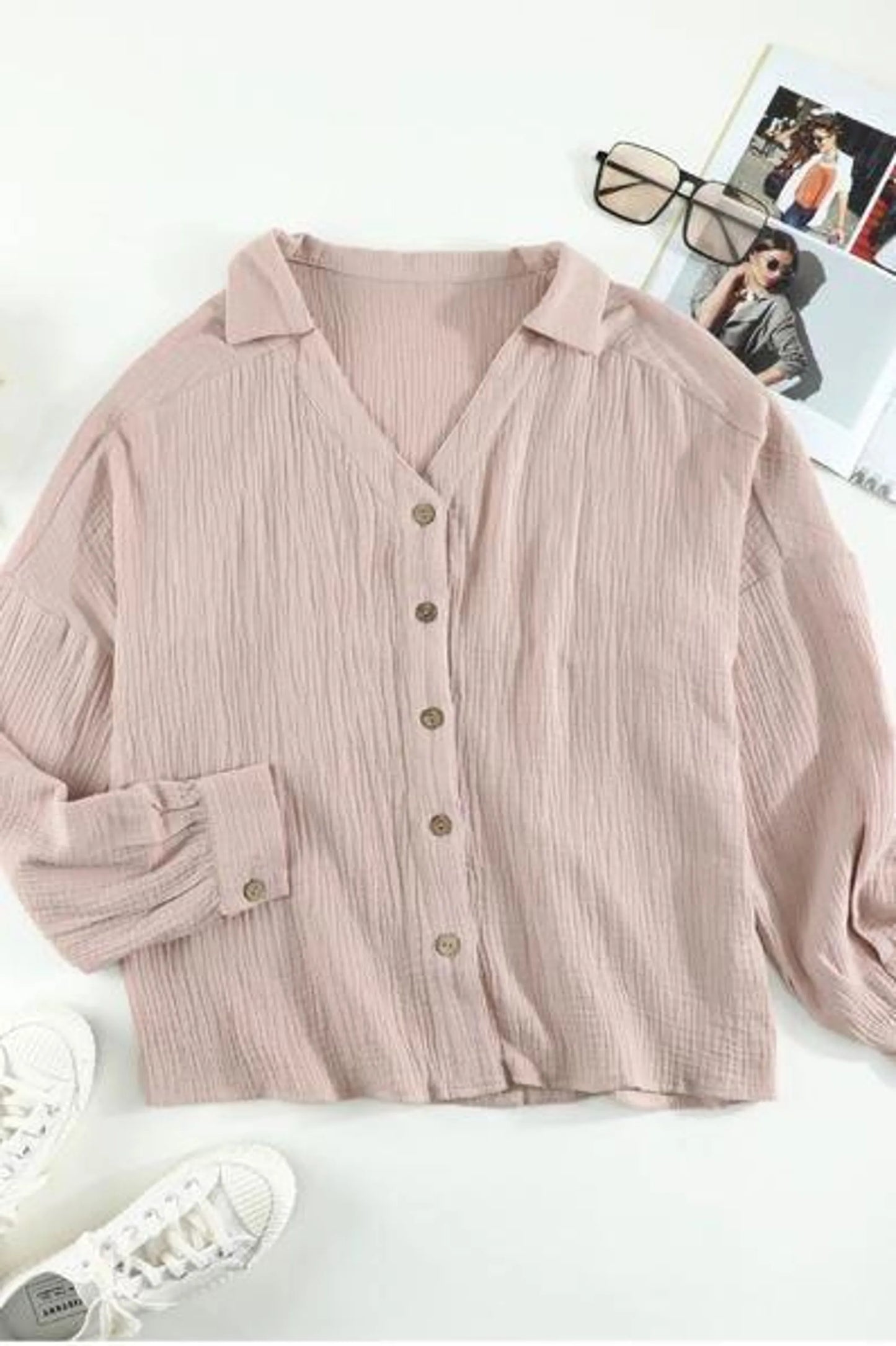 Turn Collar V Neck Crinkled Cuffed Shirt