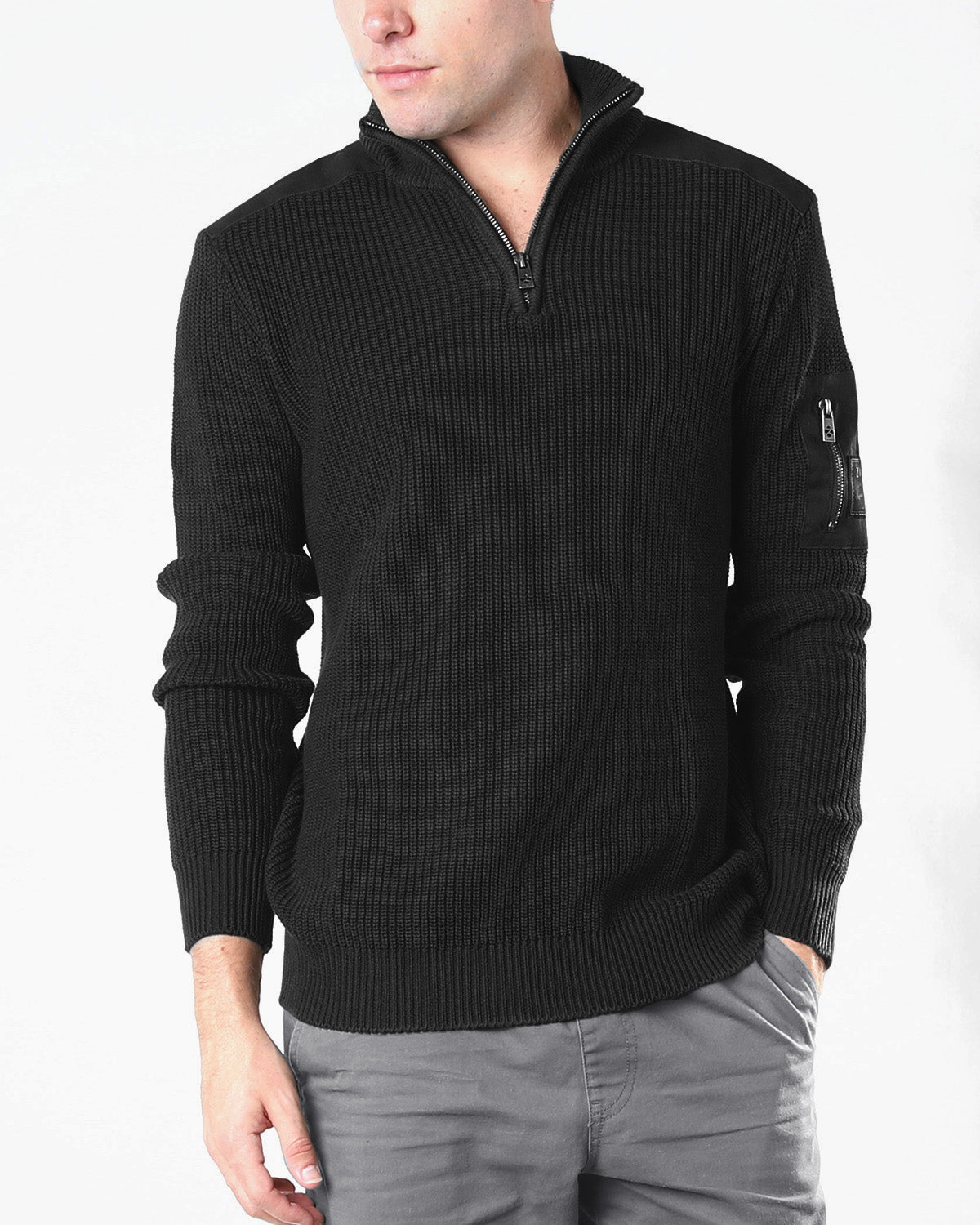  Mens Long Sleeve Pullover Quarter Zip Mock Neck Polo Sweater-0