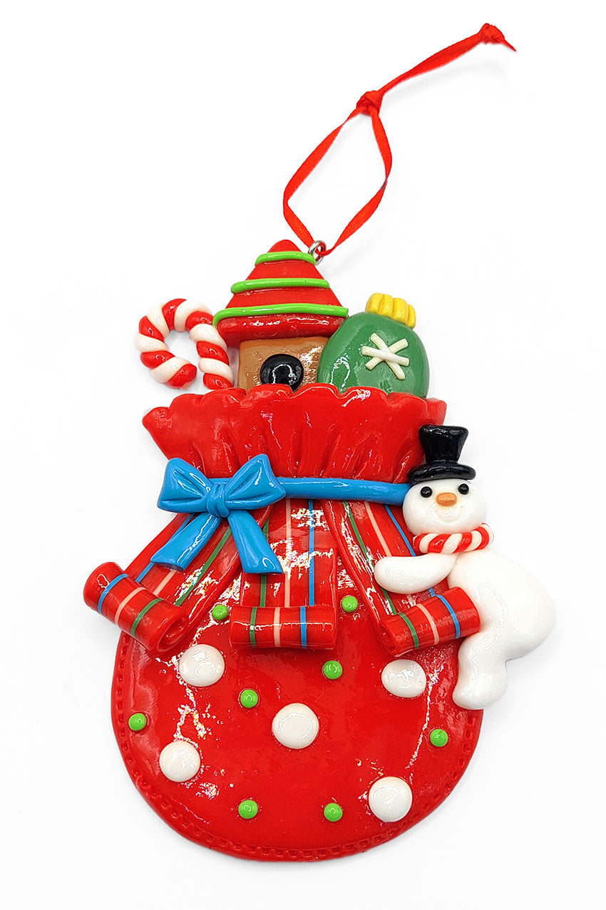 Christmas Ornament - Glossy Gingerbread Gift Bag with Snowman. Wizardi Festive Decoration F07-N2-11-AA440A-1