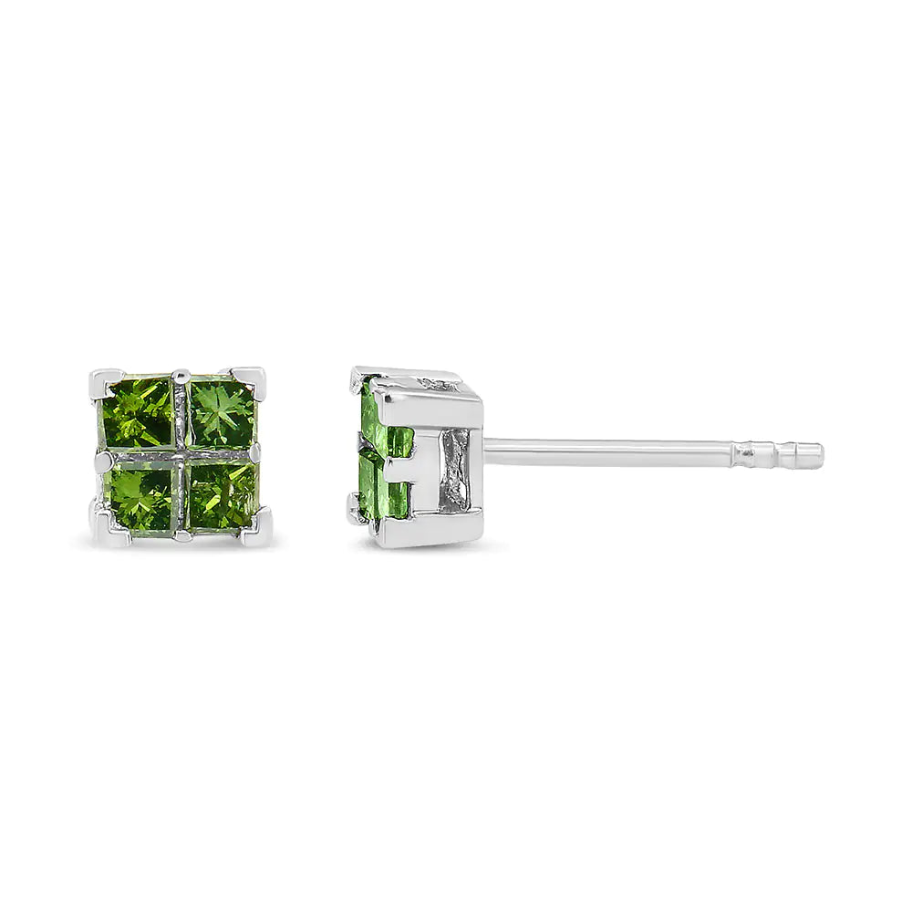 .925 Sterling Silver Treated Green Princess-cut Diamond 4 Stone Composite Quad Stud Earring (Green Color, I1-I2 Clarity)