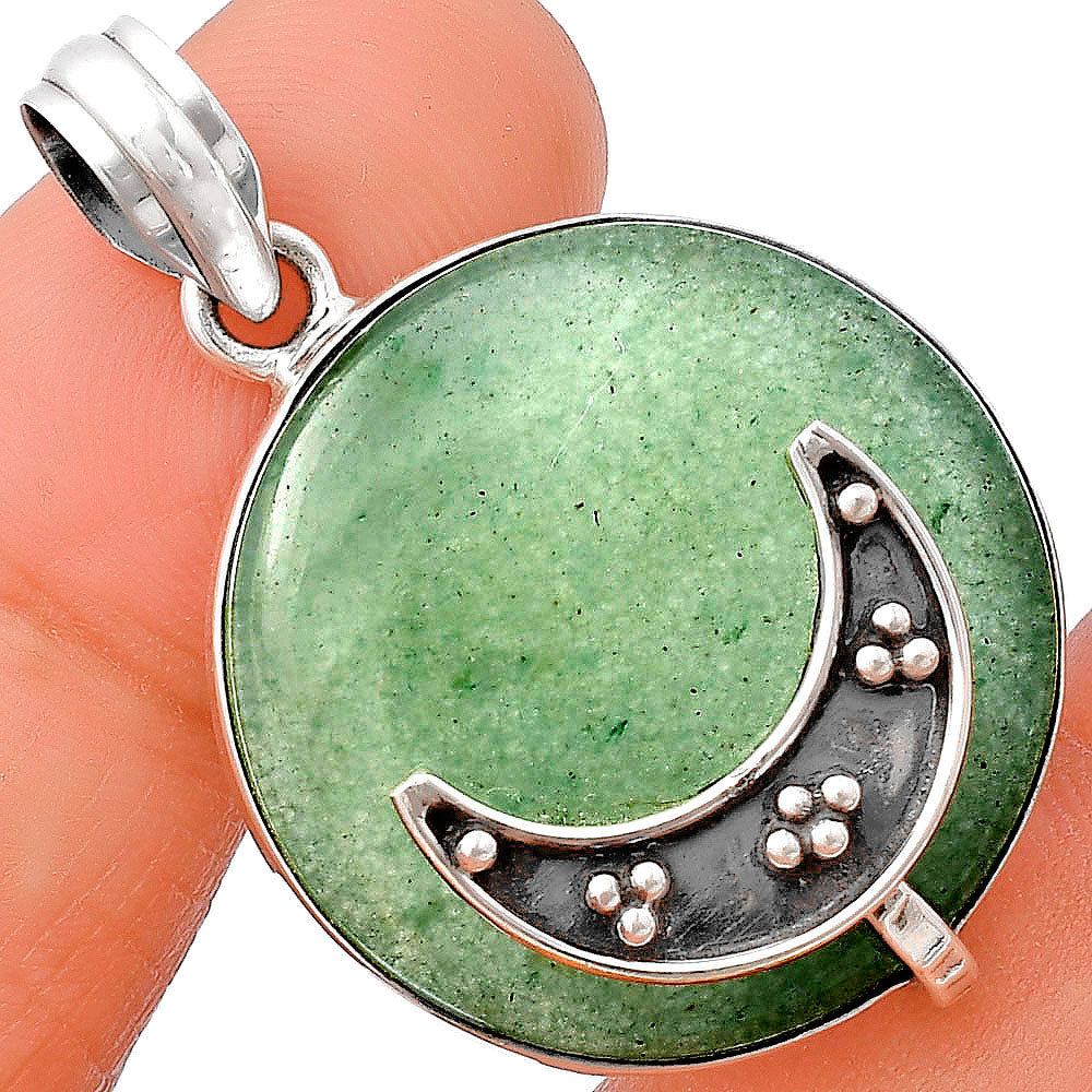 Green Aventurine 925 Sterling Silver Crescent Moon Pendant-0
