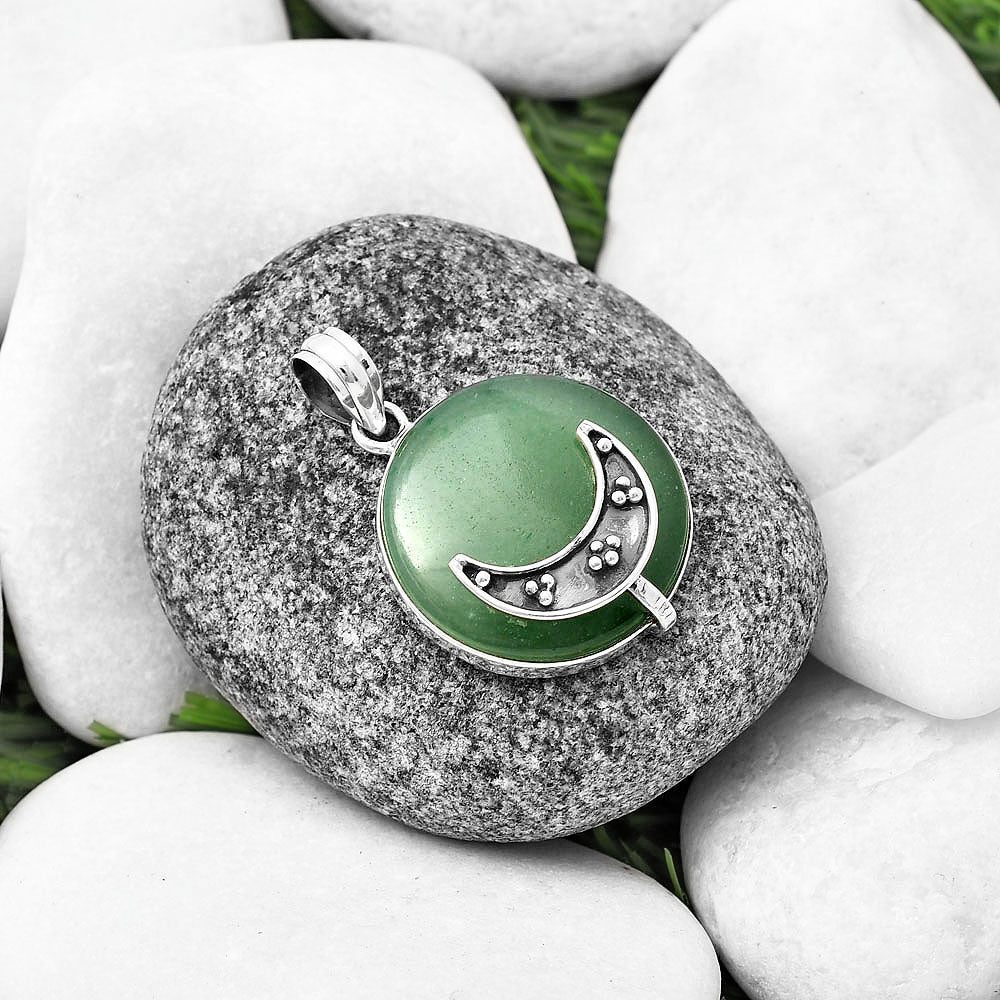 Green Aventurine 925 Sterling Silver Crescent Moon Pendant-1