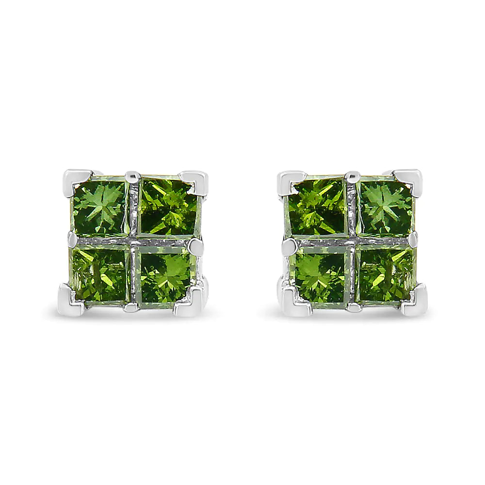 .925 Sterling Silver Treated Green Princess-cut Diamond 4 Stone Composite Quad Stud Earring (Green Color, I1-I2 Clarity)