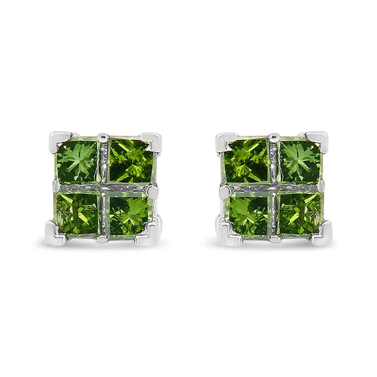 .925 Sterling Silver Treated Green Princess-cut Diamond 4 Stone Composite Quad Stud Earring (Green Color, I1-I2 Clarity)