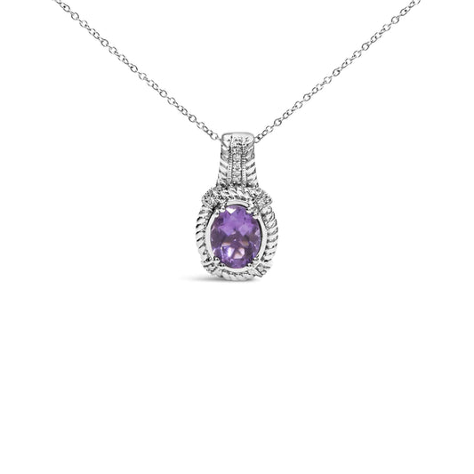 .925 Sterling Silver 9x7mm Oval Purple Amethyst and Round Diamond Accent Fashion Drop Pendant 18 Inch Necklace (I-J Color, I1-I2 Clarity)