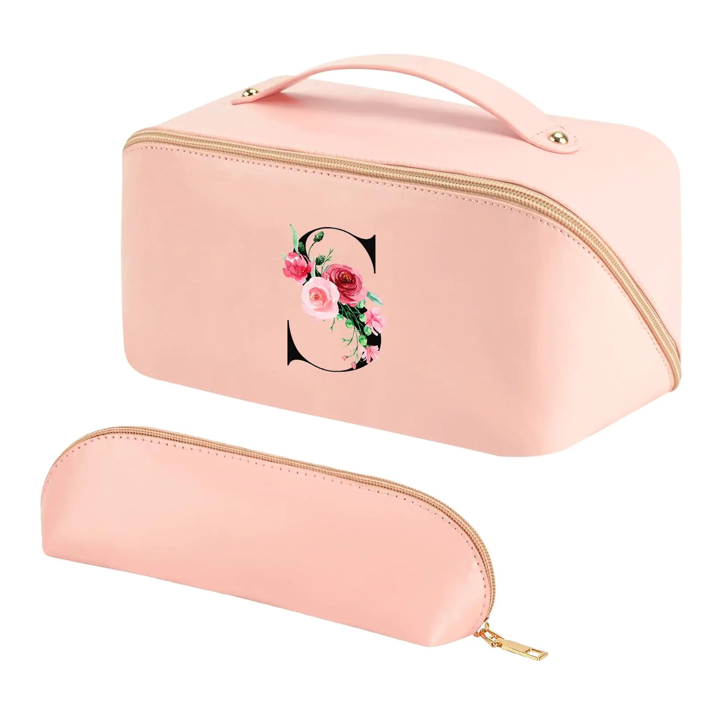 Personalized Initial Makeup Bag Travel Cosmetic Bag with Brush Bag for Women Large Capacity Portable Toiletry Bag Make Up Organizer