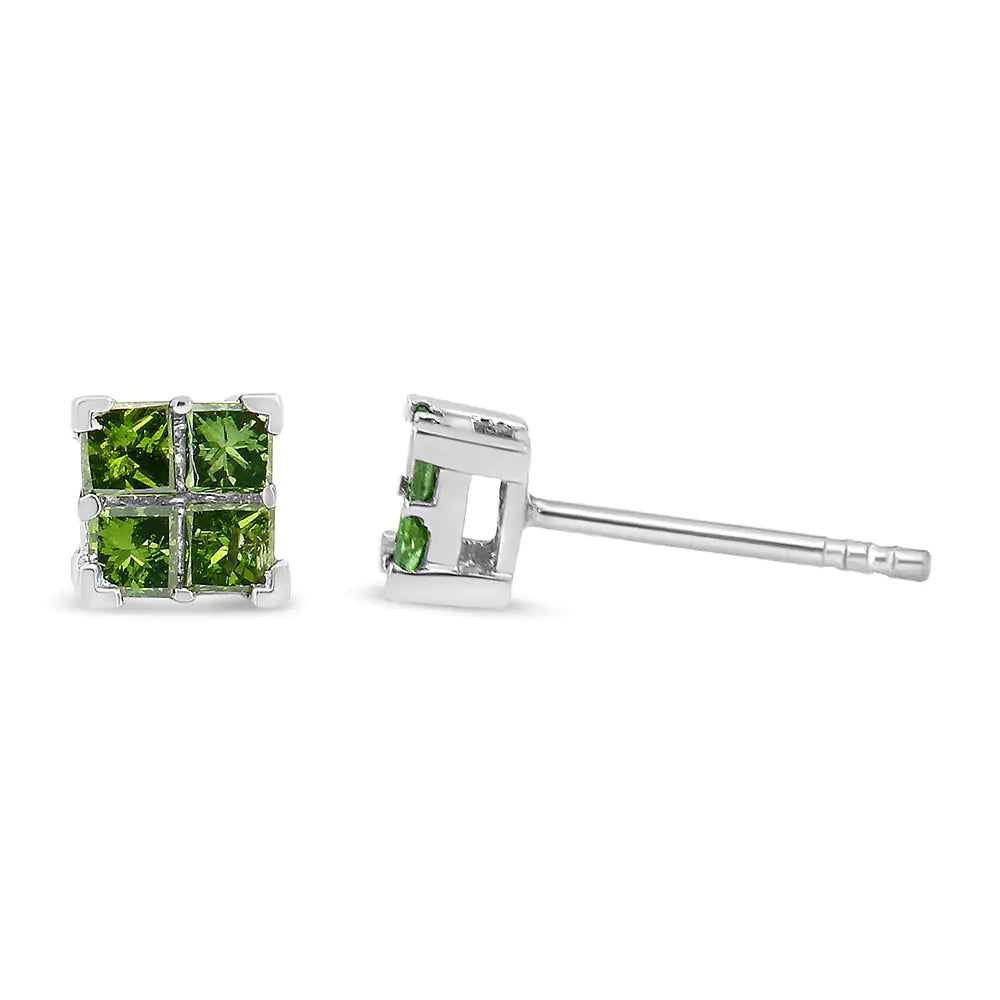 .925 Sterling Silver Treated Green Princess-cut Diamond 4 Stone Composite Quad Stud Earring (Green Color, I1-I2 Clarity)